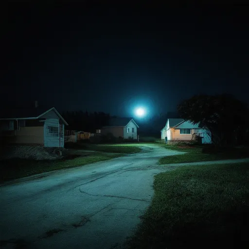 Prompt: Dark uncanny night-time photo of surreal rural neighborhood. Make the image look like it was taken from a phone camera with the flash on.