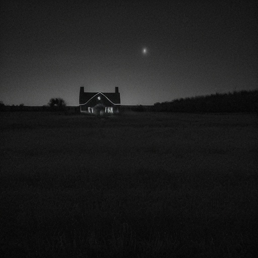 Prompt: Dark uncanny night-time photo of surreal rural ranch. There are disturbing  dark figures staring at you with pitch black eyes. Make the image look like it was taken from a phone camera with the flash on.