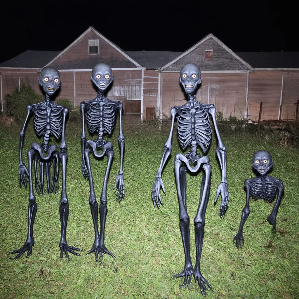 Prompt: Dark uncanny night-time photo of surreal rural ranch. There are disturbing slimy black skeletal figures with wide unsettling eyes staring at you. Make the image look like it was taken from a phone camera with the flash on.