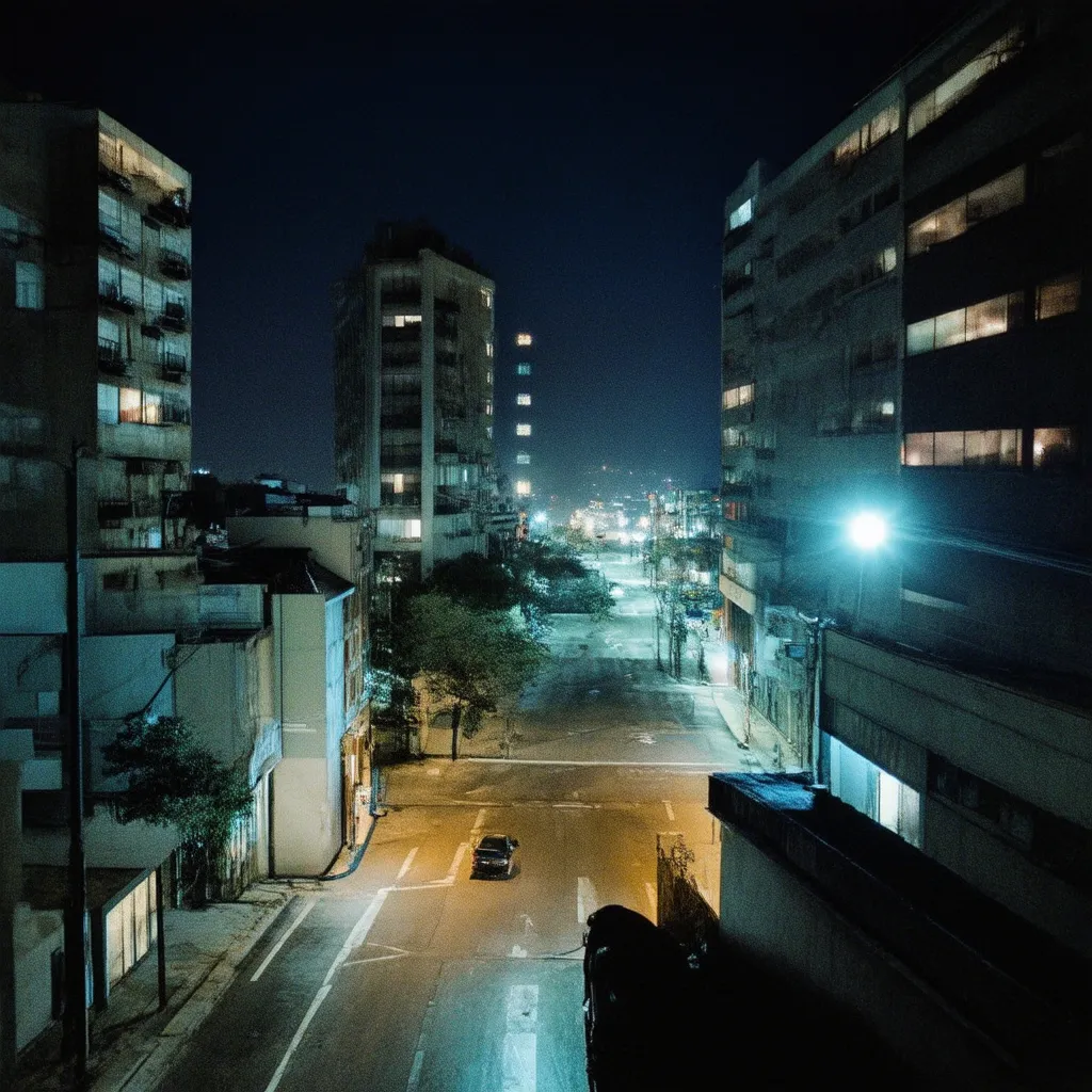 Prompt: Dark uncanny night-time photo of surreal urban area. Make the image look like it was taken from a phone camera with the flash on.