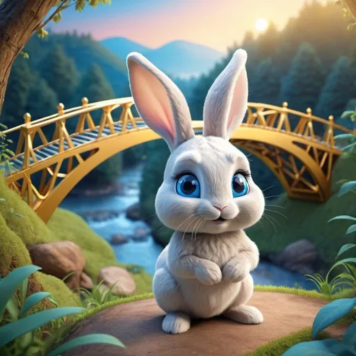 Prompt: little rabbit with blue eyes in magic forest  and  golden mystic bridge on background a little far from rabbit cartoon style 3d