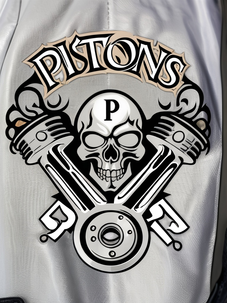 Prompt: The word 'PISTONS' on top with two motorcycle pistons below with the letter 'P' in between with a small skull and fire image at the bottom for use on the back of a motorcycle club jacket