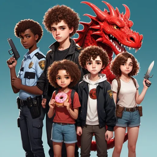 Prompt: A brown haired boy teenager holding hands with girl holding gun a black teenager holding bag and a curly haired teenager with a knife and a cop with a big red dragon behind curly haired boy holding a donut