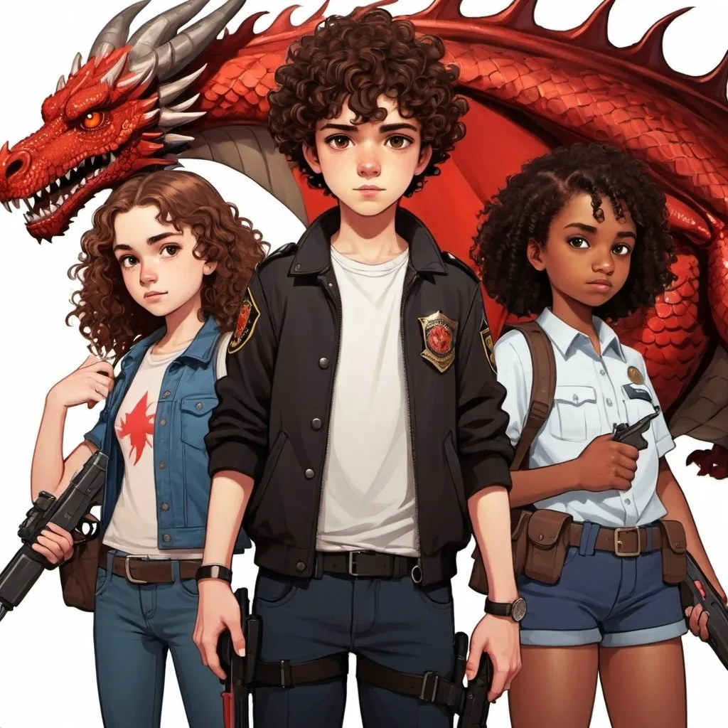 Prompt: A brown haired boy teenager holding hands with girl holding gun a black teenager holding bag and a curly haired teenager with a knife and a cop with a big red dragon behind