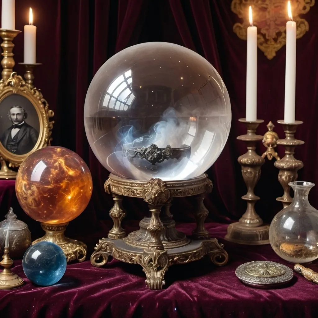 Prompt: a large ornate, captivating victorian crystal ball filled with smoke, celestial bodies, illuminated and swirling on a velvet tablecloth with other mystic objects 