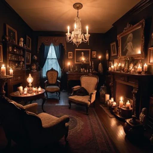 Prompt: a dimly lit Victorian parlor, with ghostly figures and flickering candlelight and a crystal ball and various other mystic objects. the room is welcoming.