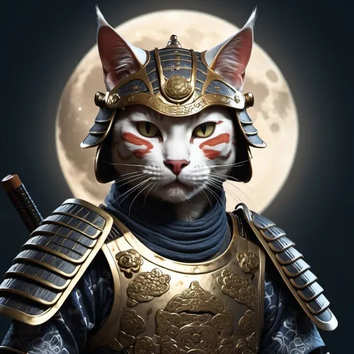 Prompt: A fierce cat is donned in intricate samurai armor, bathed in the glow of a full moon. Create this scene in a realistic 3D digital art style.