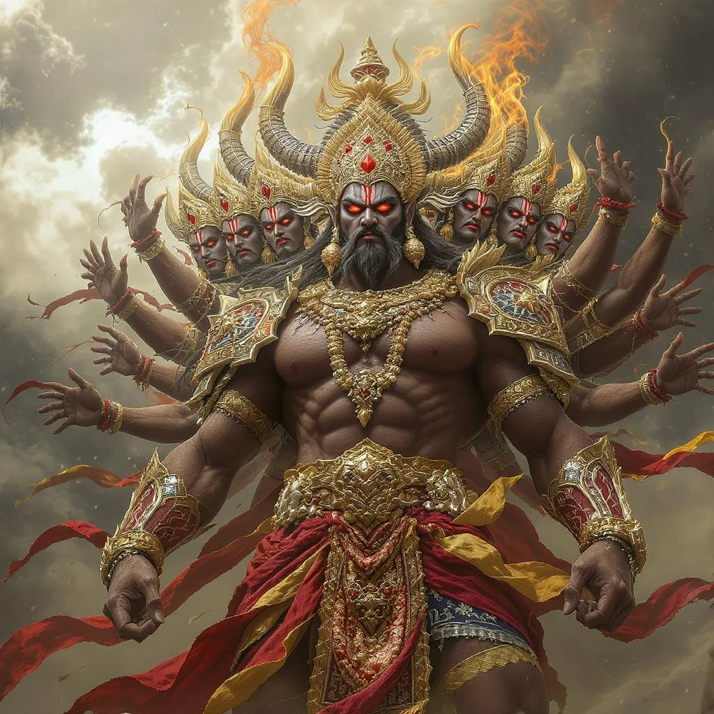 Prompt: Ravana: Muscular, towering, ten heads appearing one by one when needed. Traditional Lankan armor.