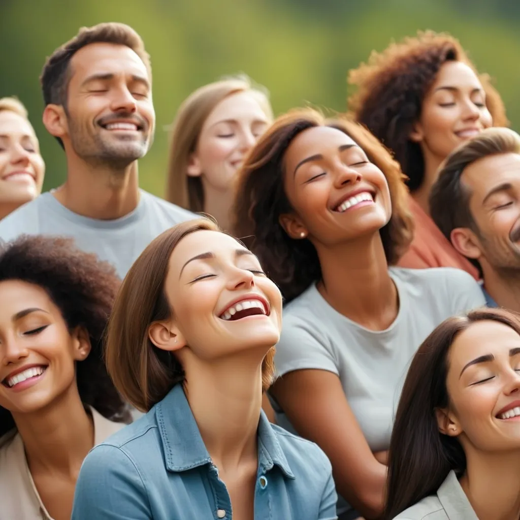 Prompt: Calm group of happy people with their eyes closed staring off into the distance