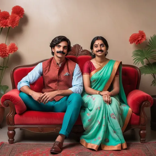 Prompt: In a cozy indoor setting, a young man and woman sit closely on a plush red couch against a neutral backdrop. The man, dressed in a light blue shirt, possesses a warm smile, accentuated by a mustache, while his companion maintains a serious demeanor, dressed in a vibrant green saree adorned with floral patterns. Her attire is complemented by several colorful bangles and a small handbag resting on her lap, which also holds a mobile phone. The lighting suggests a relaxed atmosphere, and the contrasting expressions between the two subjects create an intriguing narrative, evoking curiosity about their relationship and the context of this moment.