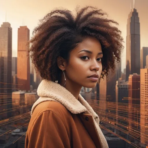 Prompt: Woman of color with textured hair in the foreground of a city thinking about numbers and data. The color scheme are warm tones and it should look illustrated