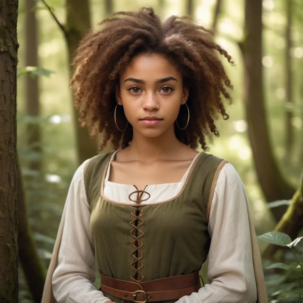 Prompt: (19-year-old girl) with (cinnamon skin) and (honey-hazel eyes), wearing (simple medieval clothing), in a lush forest surrounded by (majestic mountains), looking directly at the camera, featuring captivating (semi-afro hair), warm sunlight filtering through trees, creating a serene and enchanting ambiance, high attention to detail, (ultra-detailed).