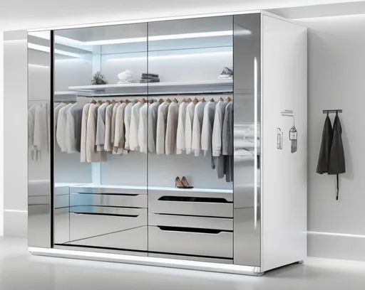 Prompt: Large smart wardrobe with mirror and touch screen, stylish and minimalist design, modern futuristic technology, interactive user interface, sleek metallic material, high-tech display, weather forecast feature, outfit recommendation system, food recommendation function, natural lighting, high-resolution, futuristic, minimalist design, metallic tones, interactive interface, sleek and modern, smart functionality, innovative technology, luxury