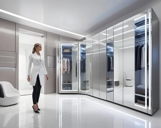 Prompt: Large smart wardrobe with mirror and touch screen, stylish, modern futuristic technology, interactive user interface, sleek metallic material, high-tech display, weather forecast feature, outfit recommendation system, food recommendation function, natural lighting, high-resolution, futuristic, metallic tones, interactive interface, sleek and modern, smart functionality, innovative technology, luxury