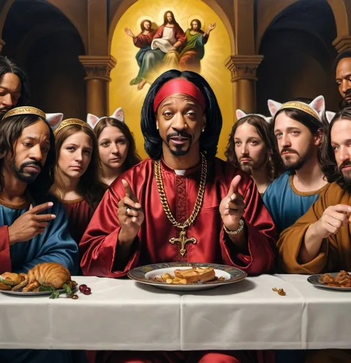 Prompt: Katt Williams wearing cat ears in a Last Supper setting, Renaissance oil painting, detailed facial expression, historic religious theme, vibrant and rich color palette, soft lighting, high quality, oil painting, detailed facial expression, cat ears, Renaissance, historic, vibrant colors, soft lighting