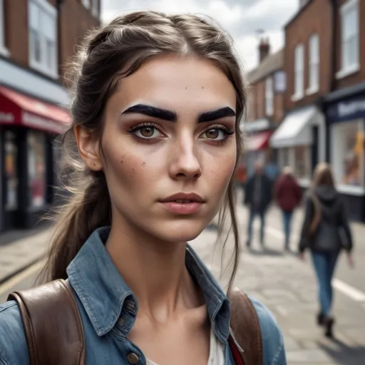 Prompt: Tall young woman walking down the high street, realistic, mix gipsy and england. Higheyebrows 
