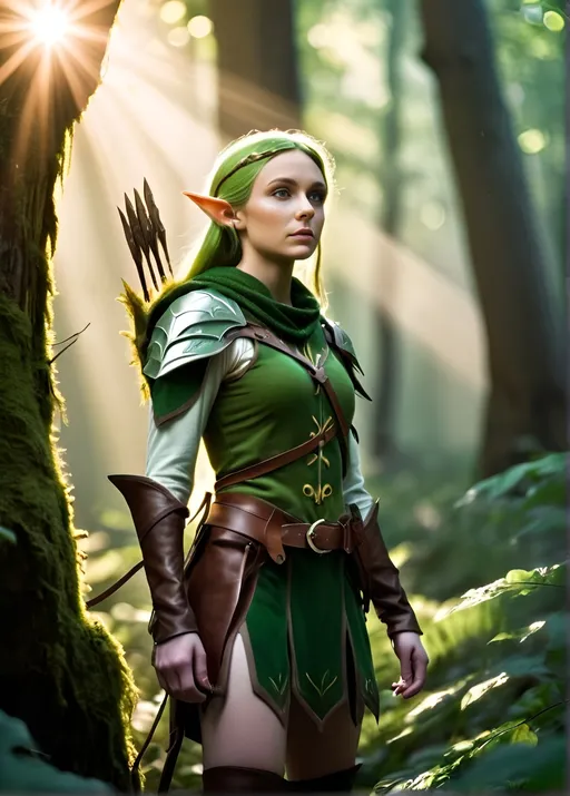 Prompt: Elf ranger in a mystical forest around sunlight