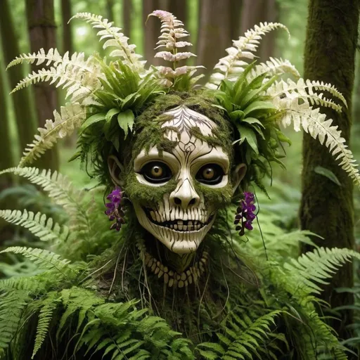 Prompt: beautiful yet frightening creature made of ferns and wild orchids
