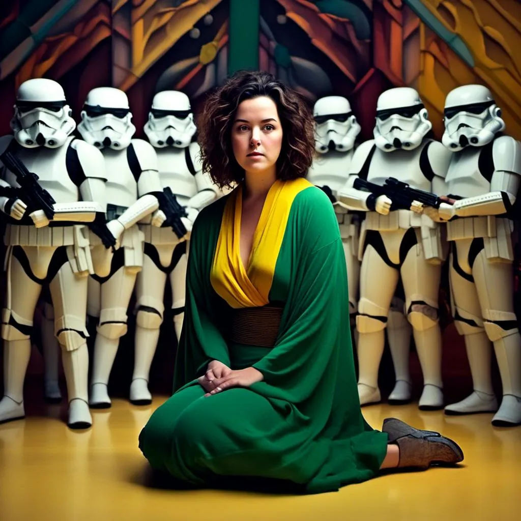 Prompt: Model as a Jedi master, green and yellow lightsaber. She looks stern standing over bodies of storm troopers. Hyper-realistic, geometric style, concept art<mymodel>