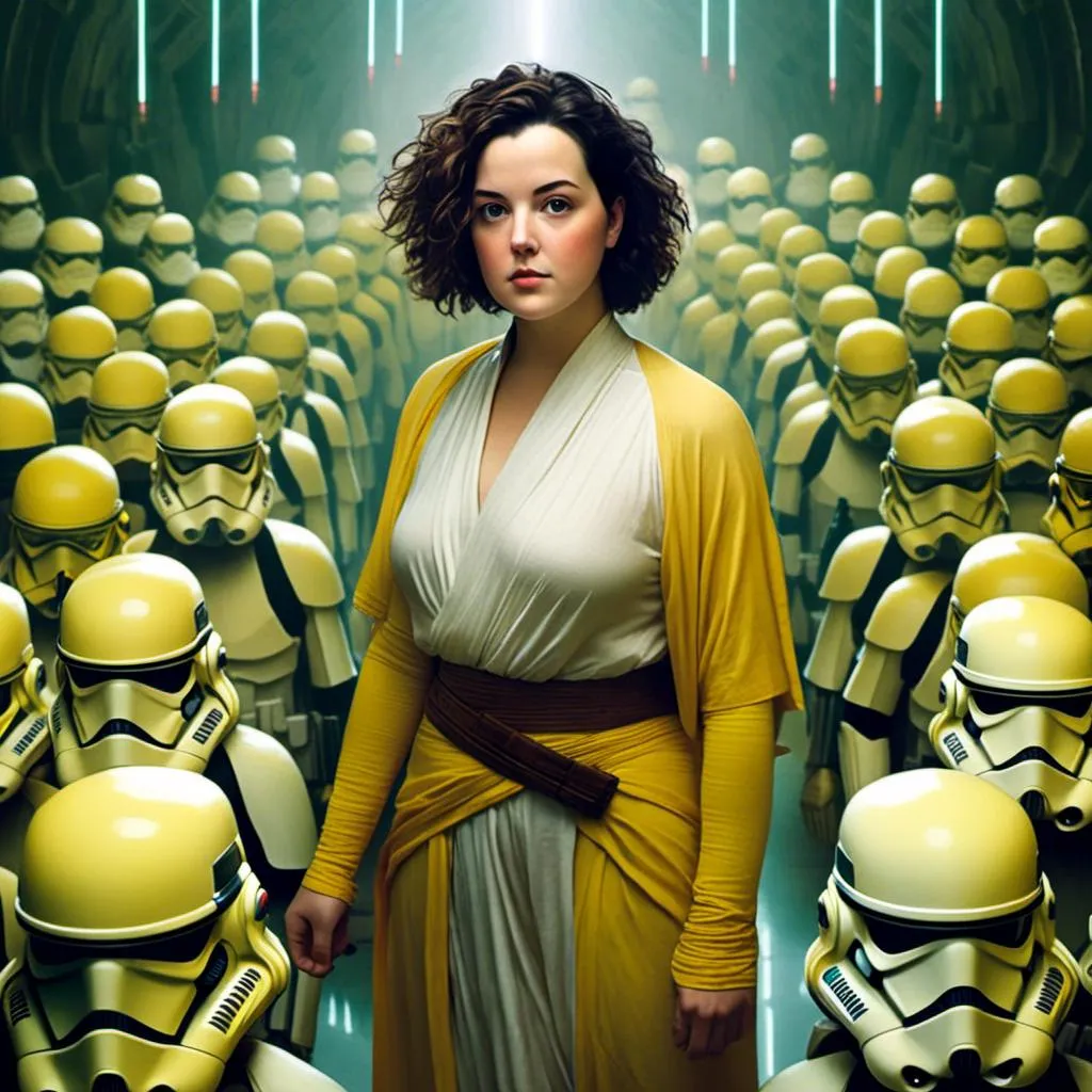 Prompt: Model as a Jedi master, green and yellow lightsaber. She looks stern standing over bodies of storm troopers. Hyper-realistic, geometric style, concept art<mymodel>