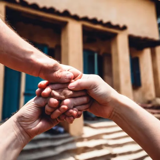 Prompt: a pair of hands side by side holding a building with a family in front of it holding hands