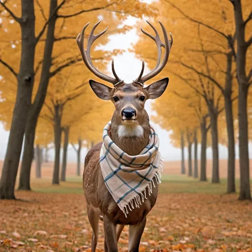Prompt: put a fall scarf around deer's neck which is blowing in the wind