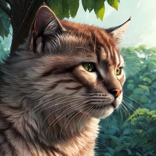 Prompt: Detailed illustration of a majestic cat gazing at a towering tree, lush greenery, high quality, realistic, detailed fur, intense gaze, traditional painting, vibrant colors, natural lighting