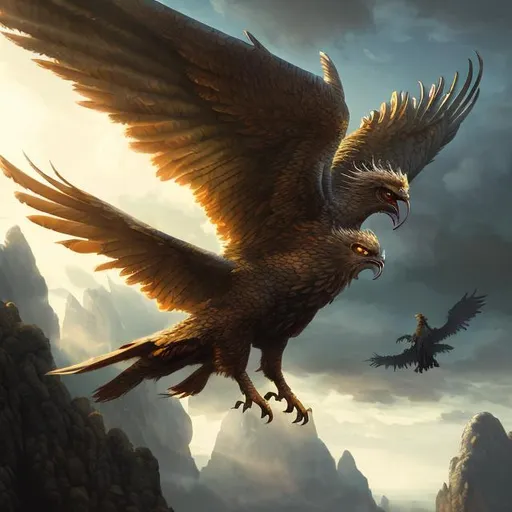 Prompt: Griffin flying in the sun, digital painting, majestic wingspan, vibrant sunlight, high quality, realistic, fantasy, warm tones, detailed feathers, intense glare, dramatic sky, mythical creature, powerful silhouette, breathtaking landscape, dynamic composition
