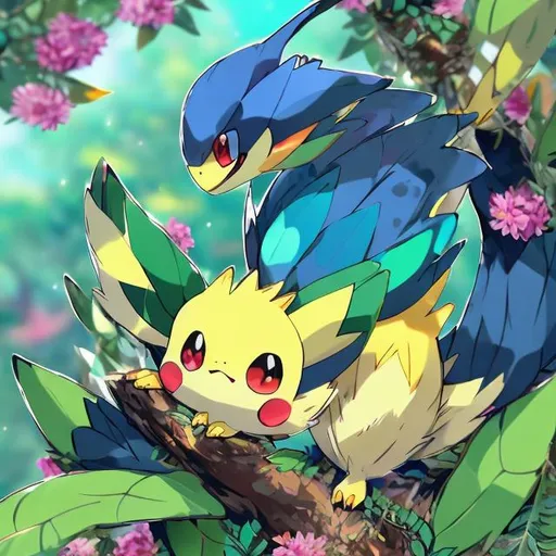 Prompt: Vibrant, high definition illustration of Pokemon Taillow perched on a lush, green tree branch, detailed feathers with vibrant colors, intense and curious gaze, natural art style, lush greenery background with vibrant flowers and foliage, best quality, highres, ultra-detailed, Pokemon, Taillow, detailed feathers, intense gaze, natural style, vibrant background, lush greenery