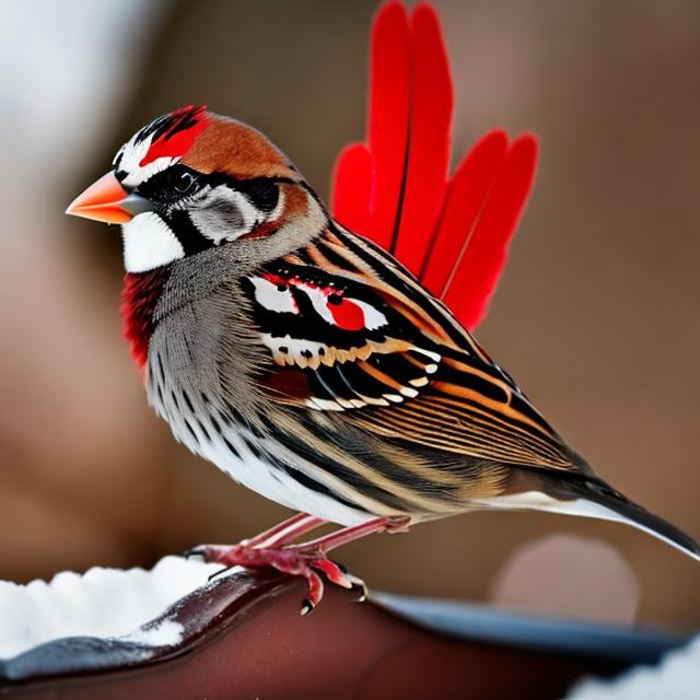 Prompt: sparrow with a red chest and white and black feathers
