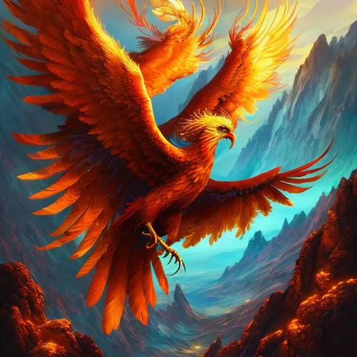 Prompt: Phoenix on a mountain, vibrant feathers glowing in sunlight, majestic wingspan, mythical creature, high quality, digital painting, fantasy, warm tones, sunlight casting dramatic shadows, detailed feathers, mountainous landscape, fiery red and orange hues, mystical, grand and powerful presence