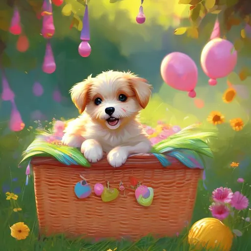 Prompt: Cute puppy in a picnic basket, vibrant colors, sunny and cheerful, high quality, digital painting, adorable expression, playful atmosphere, lush greenery, dappled sunlight, idyllic park setting, happy and carefree, lively details, joyful, vibrant, digital painting, sunny lighting