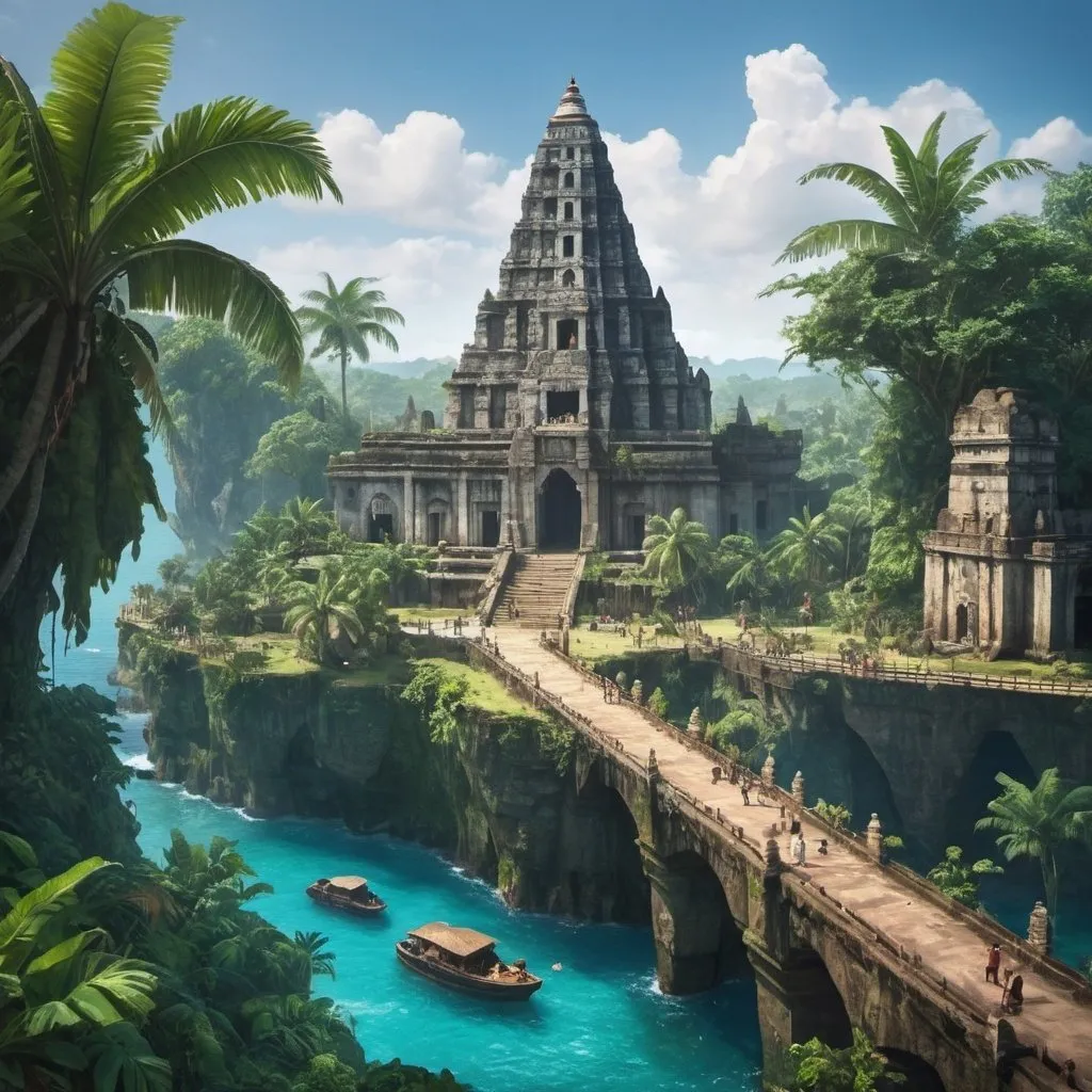 Prompt: a city-like country that also has jungles and attractions and temples. looks similar to the bahamas and the country is named moriay
