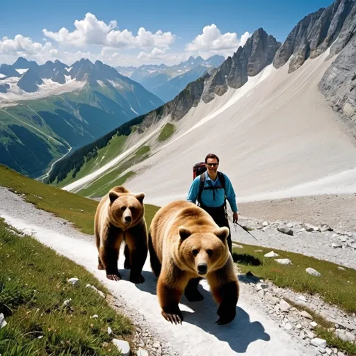 Prompt: situtation:

two sceintist walking down a moraine back to the hut in the austria alps. Then a grizzly bear apears from the left and want to attack the scientist. Then a funny scientist with glasses comes down from the right (on a mountain) with a paraglider and wants to safe the scientist from the bears, with kikcing the bear from the moraine.