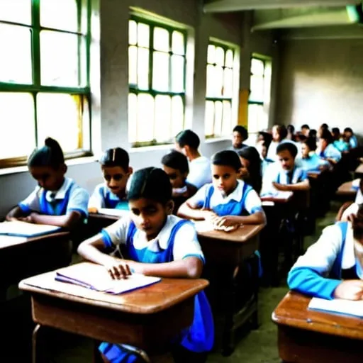 Prompt: School children in abread factory sitting on desks 