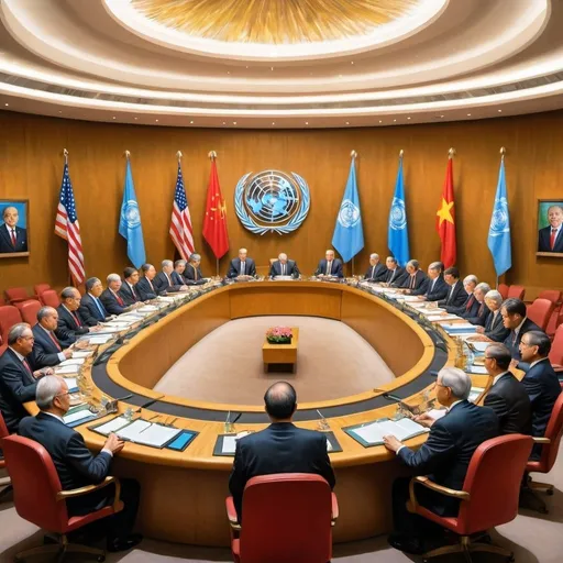 Prompt: United Nations assembly meeting, oil painting, world leaders, presidential board, high quality, formal realism, vibrant colors, majestic lighting, detailed clothing, professional atmosphere
