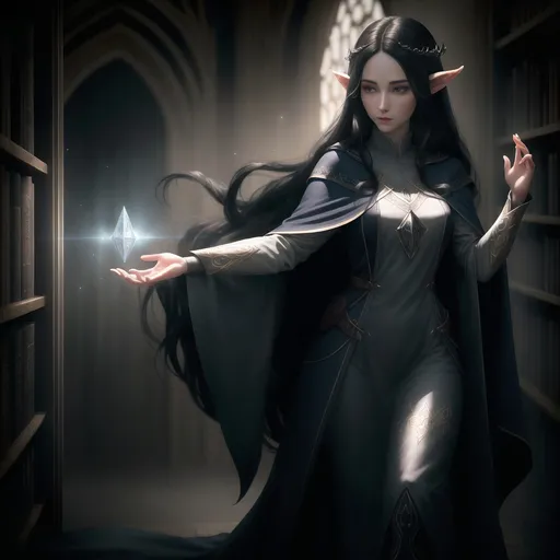 Prompt: Detailed character concept art of a beautiful female Tolkien high elf wizard, long black hair, pale eyes, pale skin, navy-blue dress and cape, in a library, casting a magical spell, highres, ultra-detailed, fantasy, magical, ethereal lighting, elegant design, mystical