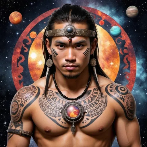 Prompt: Tribal Filipino warrior make him more godly and mystical with tribal tattoos in outer space sun and planets
