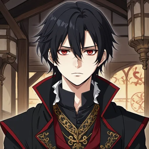 Prompt: Anime style 18 year old boy with medium long black hair and deep red eyes. He is wearing a 14th century blouce with  collar ruffles, a black vest with gold embroidery, and a black trenchcoat with red trim.