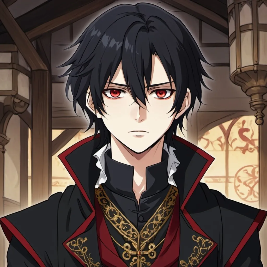 Prompt: Anime style 18 year old boy with medium long black hair and deep red eyes. He is wearing a 14th century blouce with  collar ruffles, a black vest with gold embroidery, and a black trenchcoat with red trim.