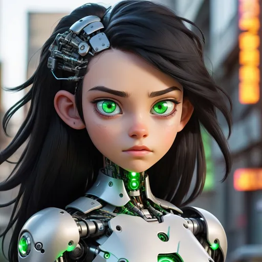 Prompt: a beautiful 14 year old female cyborg with black hair and green eyes