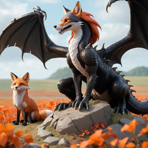 Prompt: a fox sitting on a black dragon while looking over a battle field