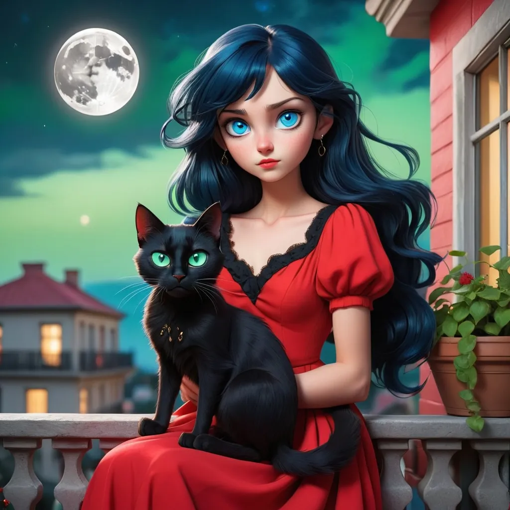 Prompt: a girl with dark blue hair and blue eyes  in a red dress with a black cat with green eyes looking over at the moon on a balcony