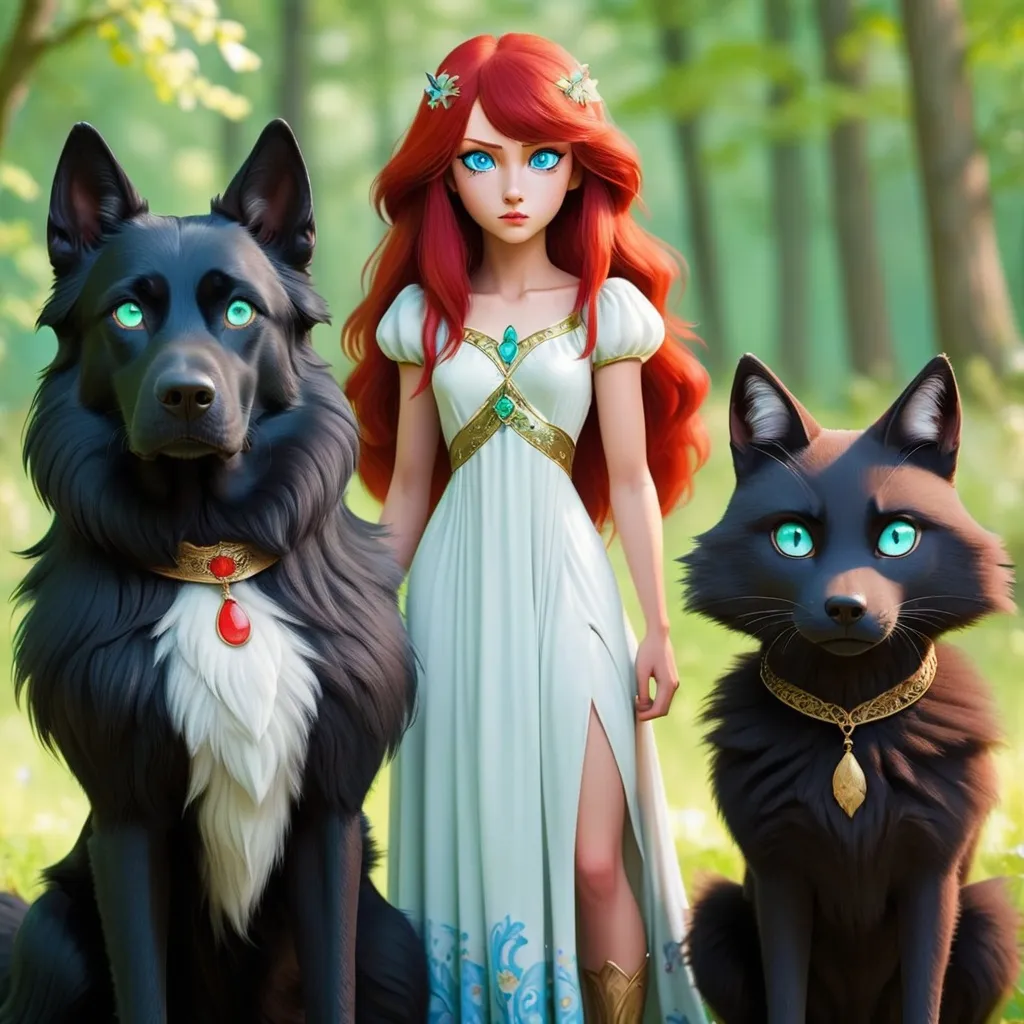 Prompt: an extremely large black dog with green eyes. standing next to a red fox with blue eyes who is standing next to a cat with red eyes while a girl with green eyes and black hair wearing a white goddess dress is standing over them all 