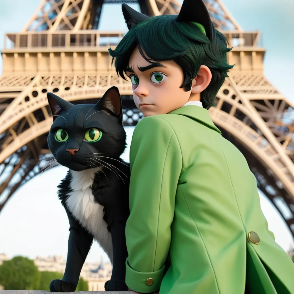 Prompt: a 14 year old boy with black hair and green dressed up as a cat facing back to back on the Eiffel tower 