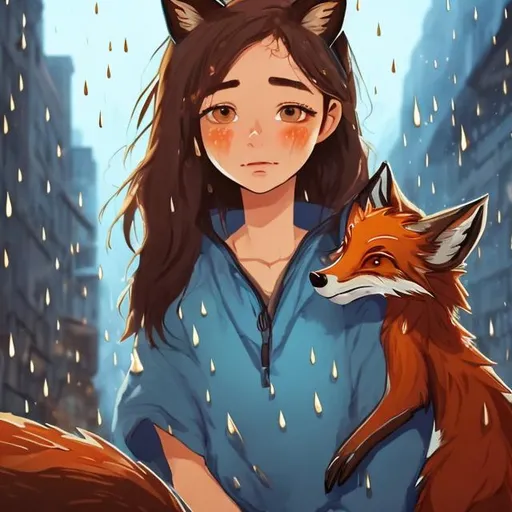 Prompt: a beautiful girl with dark brown hair with golden brown eyes wearing a ripped blue dress crying on the shoulder of a fox in a city that raining