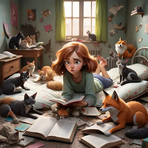Prompt: a girl lying on a broken bed in a dirty room while surrounded by stray cats, dogs and foxes while reading a book