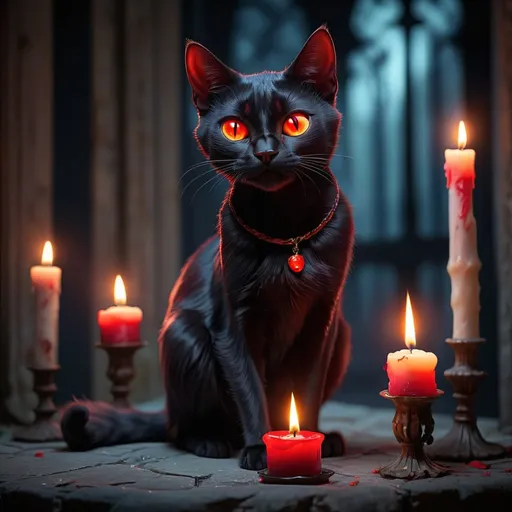 Prompt: a black cat with red eyes looking maliciously at the glow of candle in the dead of night 