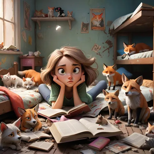 Prompt: a girl lying on a broken bed in a dirty room while surrounded by stray cats, dogs and foxes while reading a book
