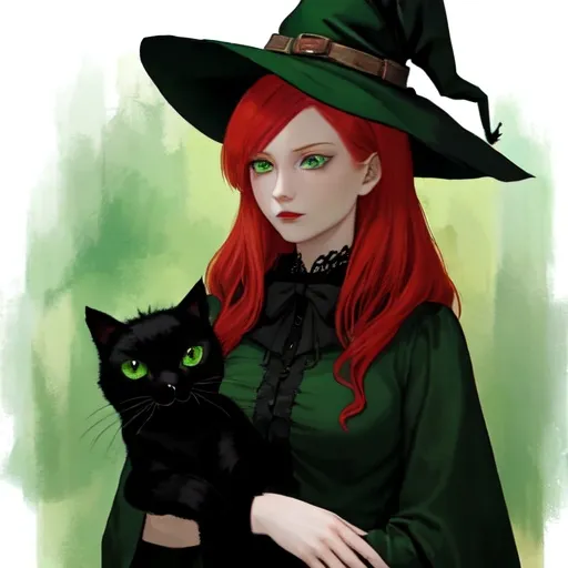 Prompt: a red headed witch dressed in green while she holds a black cat with green eyes 